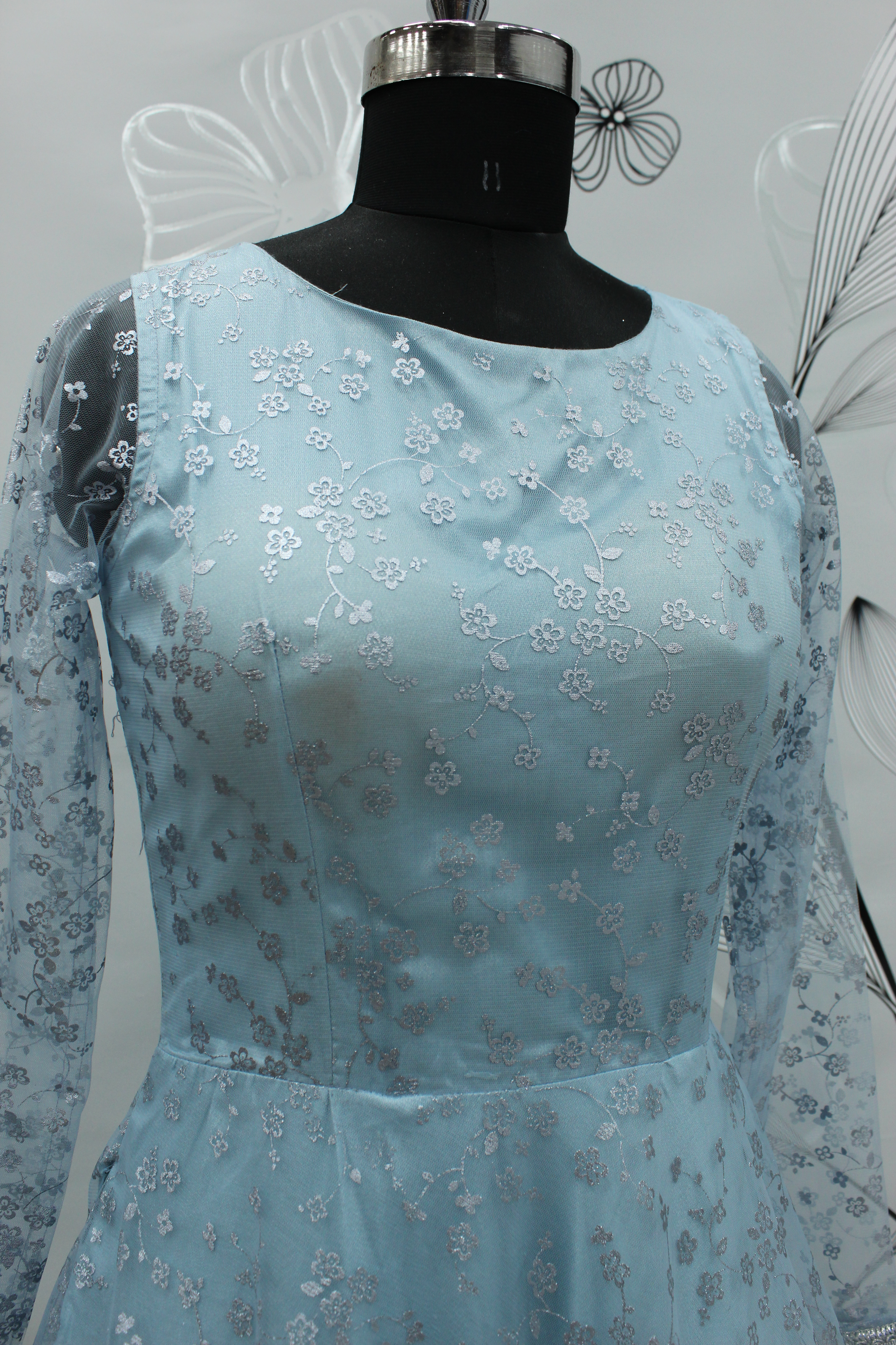 Sky Blue Metallic Foilage Net Evening Long Gown Semi stitched